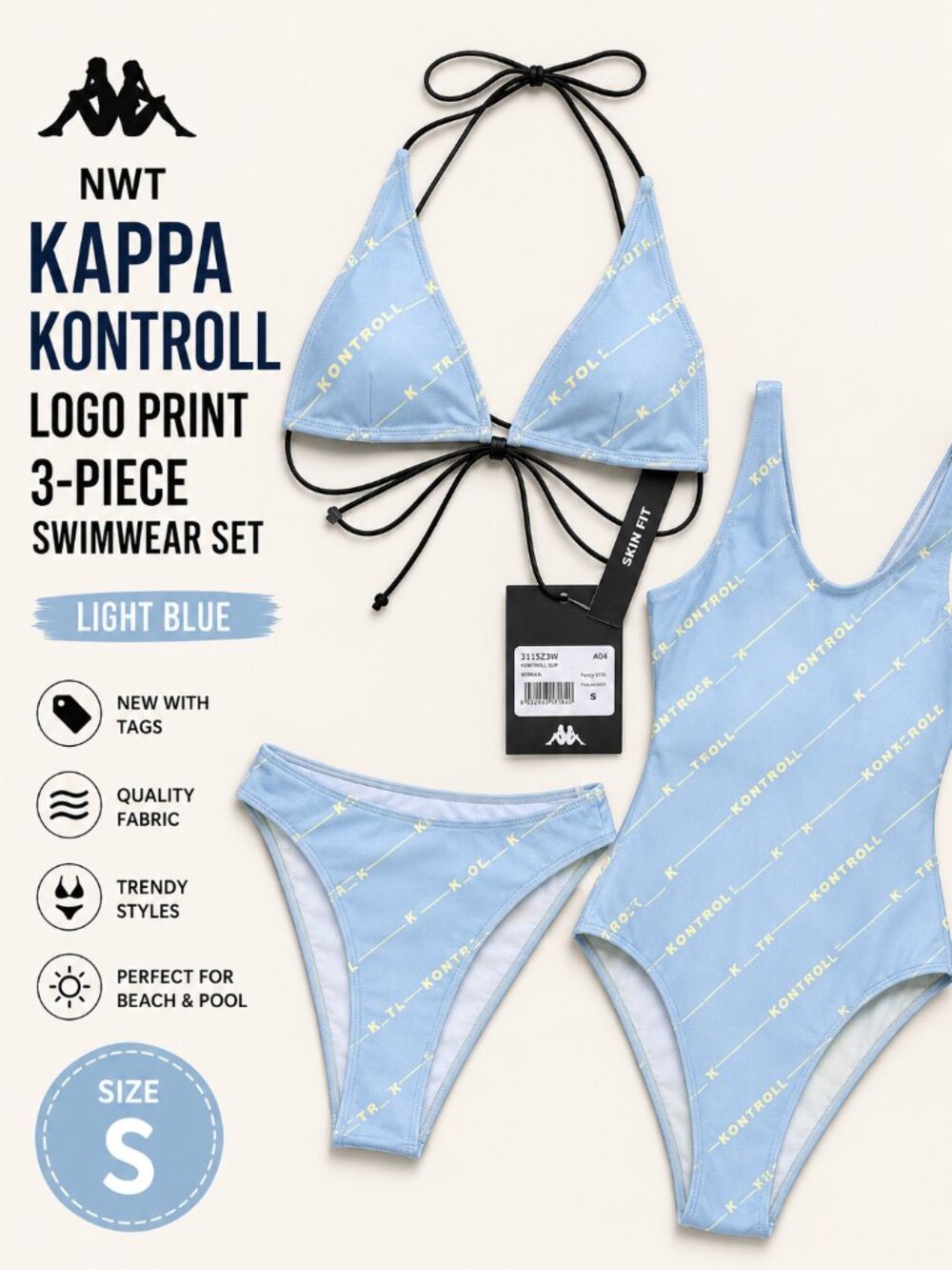 NWT Kappa Kontroll Logo Print Swimwear Set Light Blue Size S 3PC